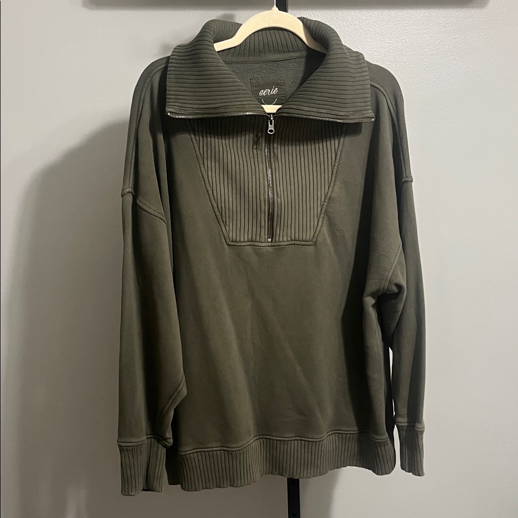 Men’s Aerie Down To Earth Oversized Quarter Zip Xl Olive Green #834